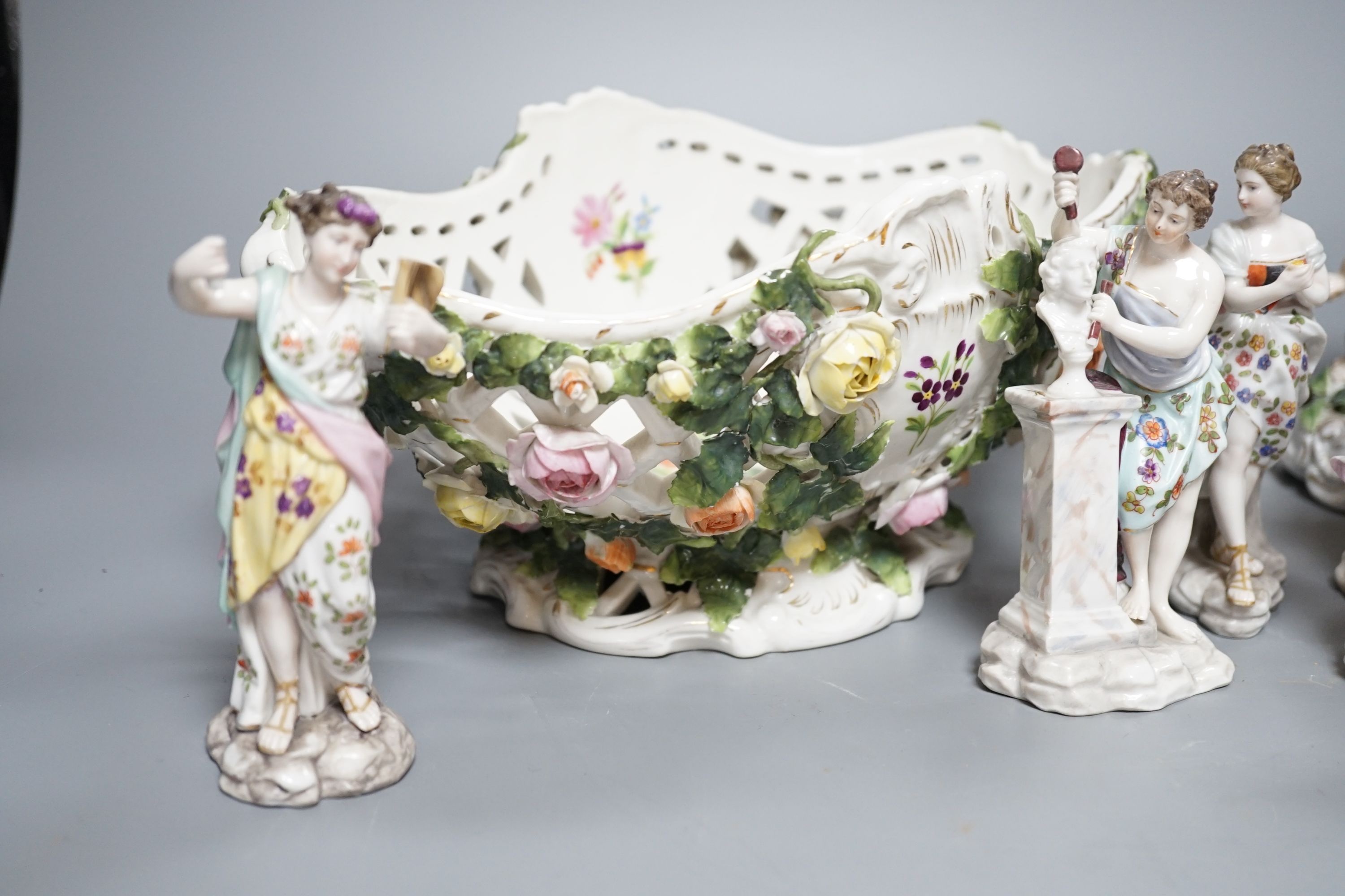 A Sitzendorf porcelain basket, 24cm, Sitzendorf vase and a set of six Volkstedt figures